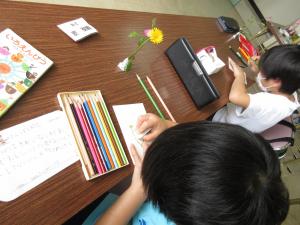 色鉛筆で葉書に絵を描く子供の写真