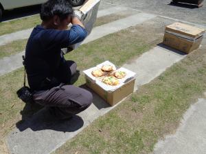 段ボール窯にピザを並べ、ふたを閉める様子