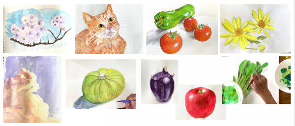 かぼちゃ、なす、りんご、ねこ、バラなど完成した作品の写真