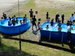 二つのプールで水遊びを行う全体像