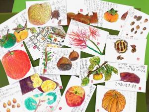 りんご、栗、柿、さつまいもなどたくさんの秋の味覚が描かれた絵手紙の写真