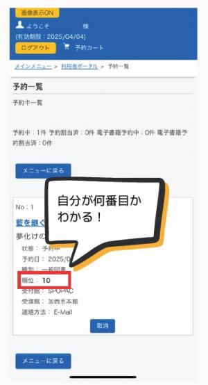 予約順位表示の画面イメージ