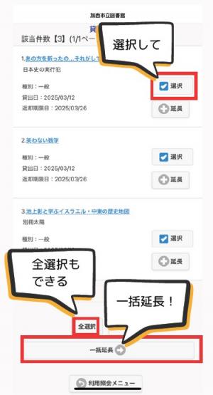 一括貸出延長の画面イメージ