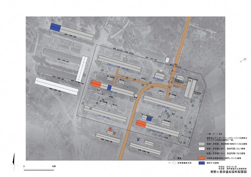 地図：青野原収容所配置図を重ねた航空写真