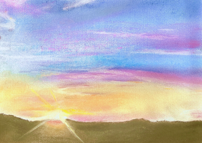 日の出を描いたパステル画
