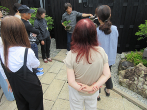 盆栽園内を見学しつつ受講生に説明する講師先生