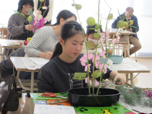 フウセントウワタ、スイートピーを感じるままに生けていく受講生