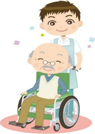 車いす男性を介助しているイラストの画像