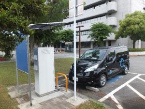 市役所駐車場内での急速充電器使用の様子